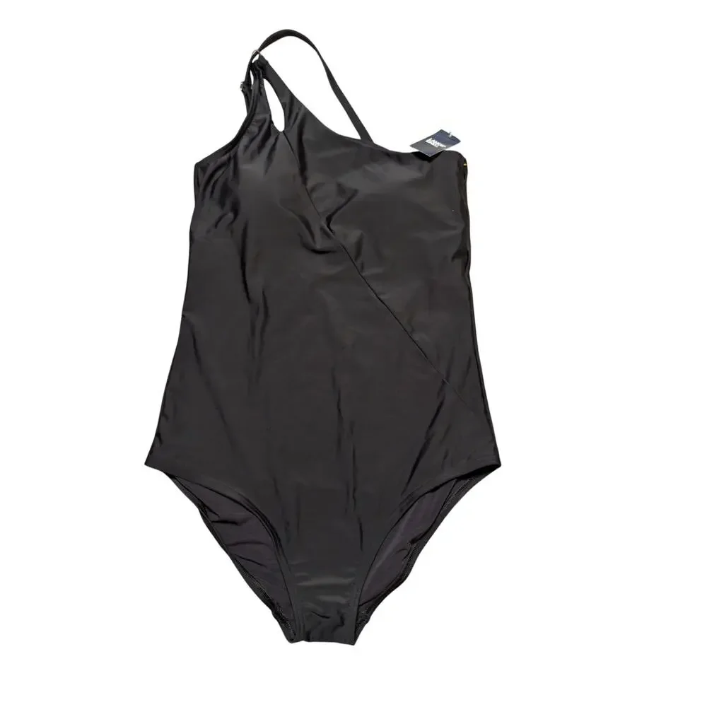 Lands' End Women's One Shoulder Tummy Control One Piece Swimsuit Black Medium